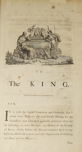 Hasted, Rev. Edward - The History and Topographical Survey of the County of Kent. Containing the ancient and present state of it, civil and ecclesiastical ... First Edition, 4 vols. complete with all the num. folded Hund